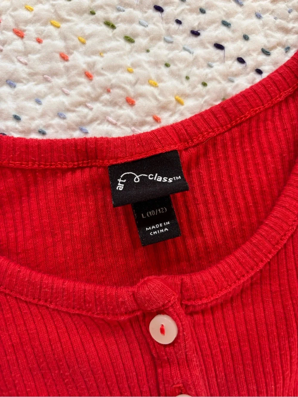 art class Red Ribbed Henley Long Sleeve Top with Button Placket